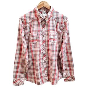 The North Face Plaid Button Up Shirt Size XL Orange Pockets Outdoor Hiking Fall